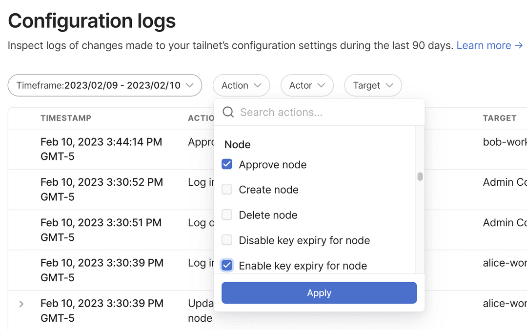 The 'Action' dropdown expanded with filters. Several example filters have checkmarks.
