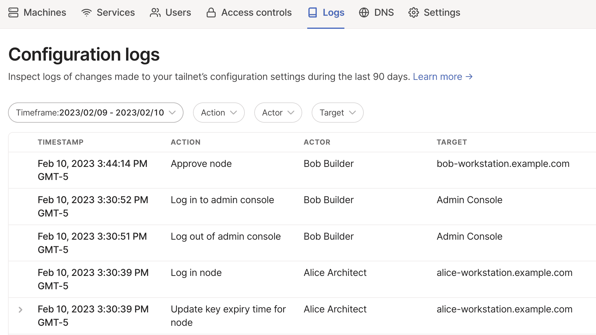 The Logs page of the admin console listing example configuration logs.