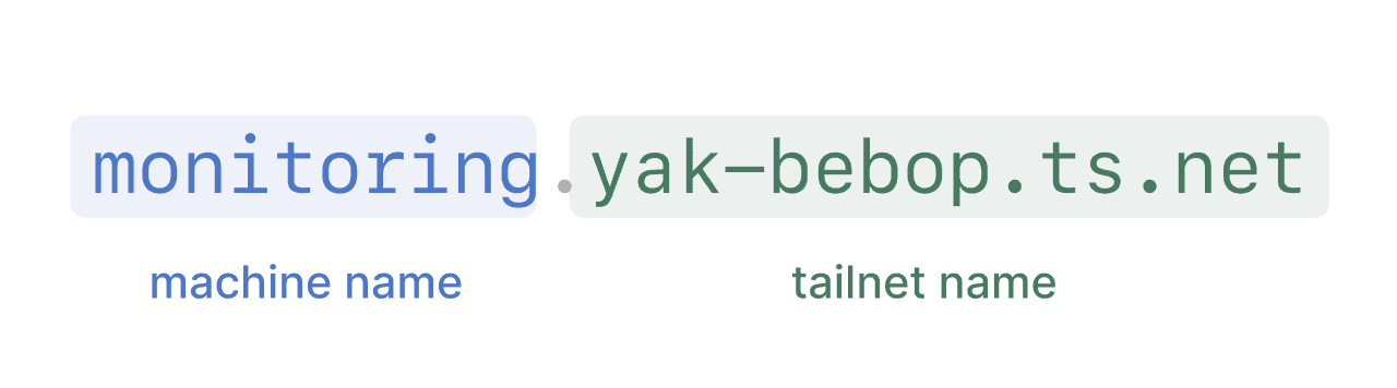 An example of 'monitoring.yak-bebop.ts.net' as a fully qualified domain name. The 'monitoring' segment is identified as the machine name. The 'yak-bebop.ts.net' segment is identified as the tailnet name.